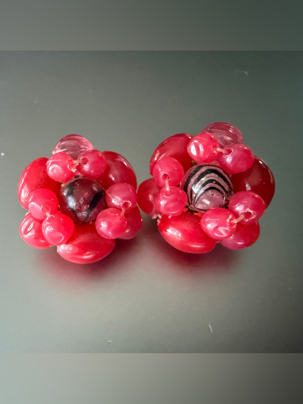 Vintage West Germany Pink Beaded Cluster Clip On Earrings Swirl Focal Bead